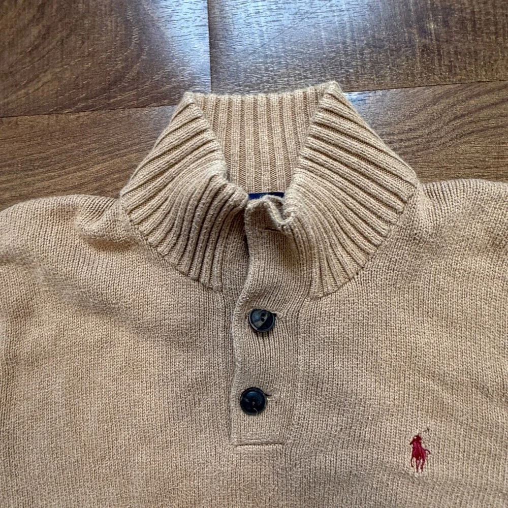 Polo Ralph Lauren Sweater Mens Medium Tan Mock Neck Quarter Button Cotton Knit